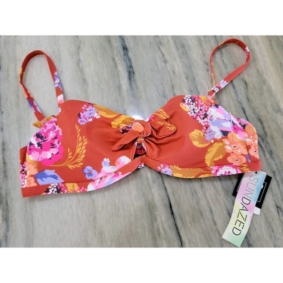 SUNDAZED Terracotta Beka Bow Floral Bikini Top 32B NWT - Picture 2 of 5